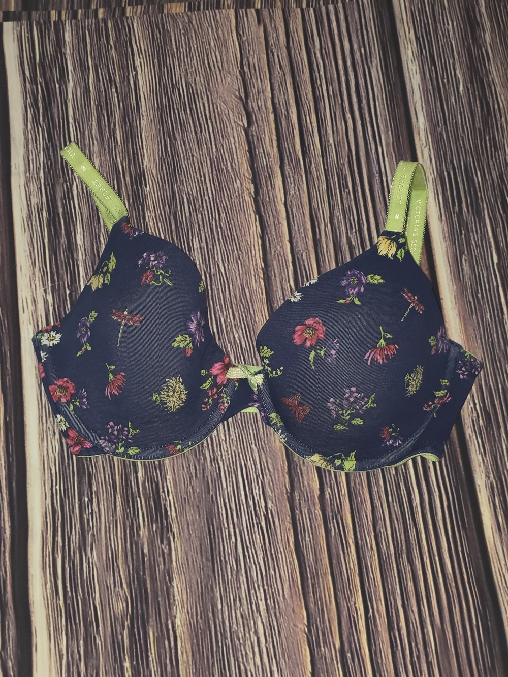 Victoria's Secret Navy Floral Padded Bra with Lime Straps